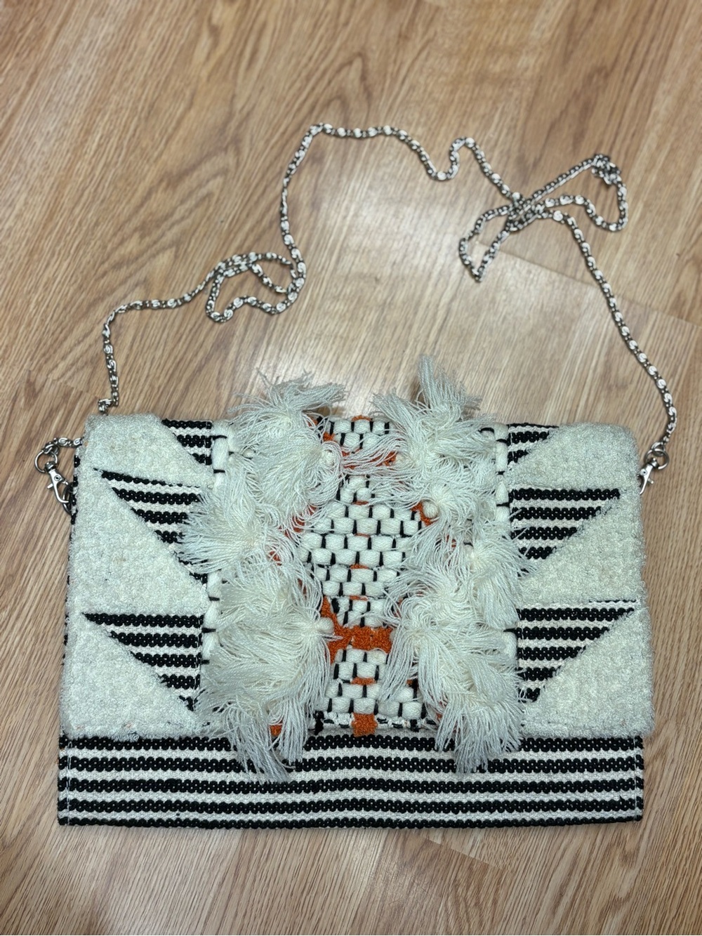 Boho Fringe Woven Crossbody Bag in Ivory and Black